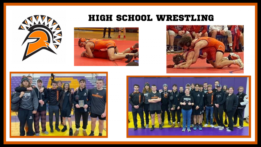 Collage of wrestling and wrestlers competing